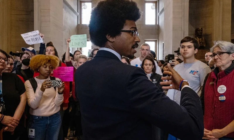 Democratic state Rep. Justin Pearson (R) of Memphis speaks with supporters after being expelled from the state Legislature on April 6, 2023 in Nashville, Tennessee. Pearson and fellow Democratic Reps. Gloria Johnson of Knoxville and Justin Jones of Nashville were brought up for expulsion for leading chants of protesters from the floor in the wake of a mass shooting at a Christian school in which three 9-year-old students and three adults were killed by a 28-year-old former student of the school on March 27. Pearson and Jones, who is also Black, were expelled while the vote against Johnson, who is white, fell one vote short. (Photo by Seth Herald/Getty Images)