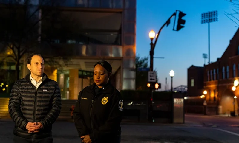 LOUISVILLE, KY - APRIL 11: Louisville Mayor Craig Greenberg and Interim Chief of Louisville Metro Police Department Jacquelyn Gwinn-Villaroel are interviewed outside of the Old National Bank on April 11, 2023 in Louisville, Kentucky. On the morning of April 10, a gunman opened fire inside the bank killing 5 people and wounding 8 people. (Photo by Michael Swensen/Getty Images)