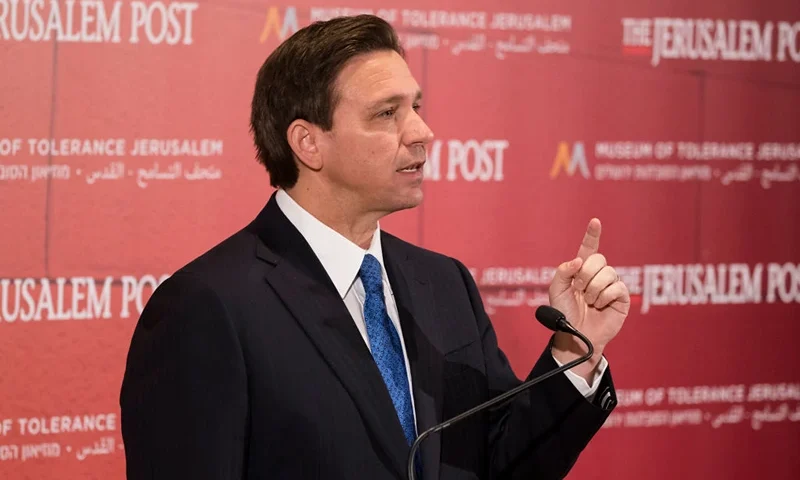 JERUSALEM, ISRAEL - APRIL 27: Florida Gov. Ron DeSantis speaks to the press during a press conference at the Museum of Tolerance on April 27, 2023 in Jerusalem, Israel. Ron DeSantis, the Republican governor of Florida and an anticipated US presidential candidate, has been visiting several countries as part of a trade delegation. (Photo by Amir Levy/Getty Images)