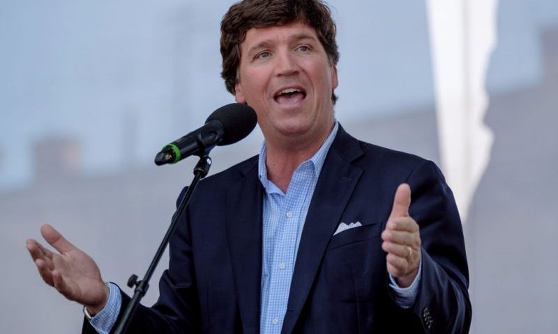 ESZTERGOM, HUNGARY - AUGUST 07: Tucker Carlson speaks during the Mathias Corvinus Collegium (MCC) Feszt on August 7, 2021 in Esztergom, Hungary. The multiday political event was organized by the Mathias Corvinus Collegium (MCC), a privately managed foundation that recently received more than $1.7 billion in government money and assets. The leader of its main board, Balazs Orban, who is also a state secretary in the prime minister's office, said MCC's priority is promoting "patriotism" among the next generation of Hungary's leaders. (Photo by Janos Kummer/Getty Images)