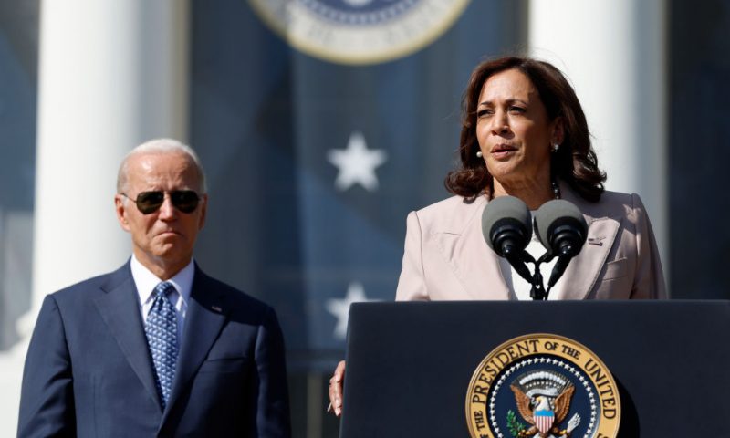 U.S. Vice President Kamala Harris gives remarks, alongside U.S President Joe Biden, at an event celebrating the passage of the Inflation Reduction Act on the South Lawn of the White House on September 13, 2022 in Washington, DC. H.R. 5376, the Inflation Reduction Act of 2022 was passed by the House and Senate and later signed by Biden in August. (Photo by Anna Moneymaker/Getty Images)