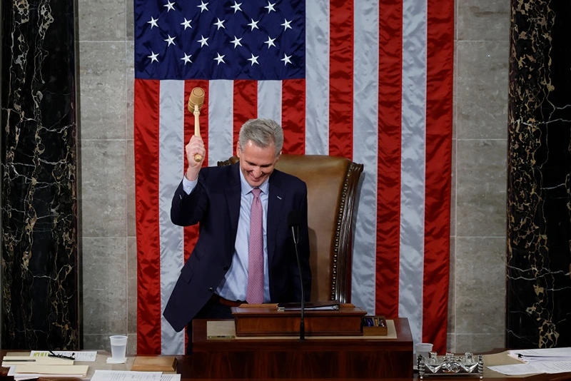 Speaker of the House Kevin McCarthy (R-CA) hits the gavel after being elected Speaker in the House Chamber at the U.S. Capitol Building on January 07, 2023 in Washington, DC. After four days of voting and 15 ballots McCarthy secured enough votes to become Speaker of the House for the 118th Congress. (Photo by Chip Somodevilla/Getty Images)