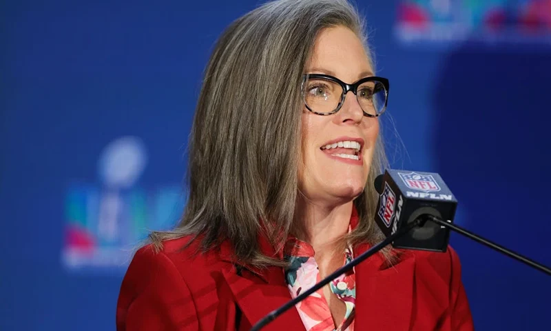 PHOENIX, ARIZONA - FEBRUARY 13: Arizona Governor Katie Hobbs speaks during the Super Bowl LVII Host Committee Handoff Press Conference at Phoenix Convention Center on February 13, 2023 in Phoenix, Arizona. (Photo by Carmen Mandato/Getty Images)