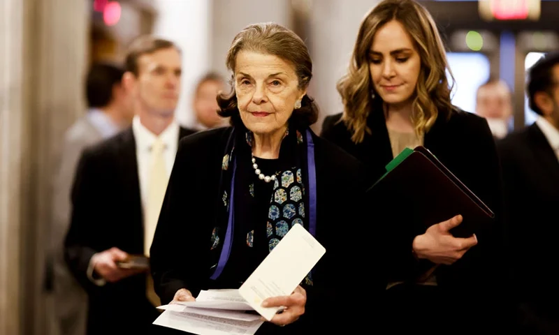 WASHINGTON, DC - FEBRUARY 13: Sen. Dianne Feinstein (D-CA) walks to the Senate Chambers during a series of the votes at the U.S. Capitol Building on February 13, 2023 in Washington, DC. Officials announced over the weekend that for the fourth time in two weeks U.S. forces had shot down a high flying object in North American airspace. (Photo by Anna Moneymaker/Getty Images)