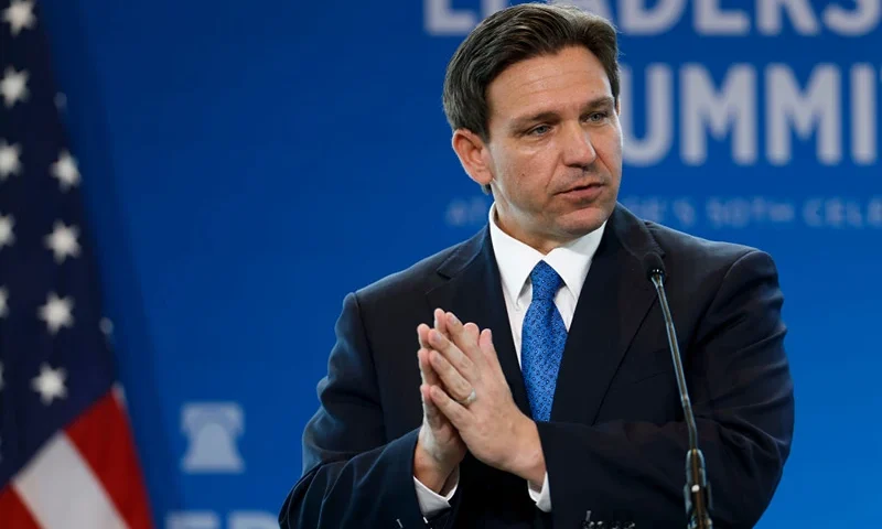 NATIONAL HARBOR, MARYLAND - APRIL 21: Florida Gov. Ron DeSantis gives remarks at the Heritage Foundation's 50th Anniversary Leadership Summit at the Gaylord National Resort & Convention Center on April 21, 2023 in National Harbor, Maryland. During his remarks DeSantis spoke on policy and social issues his administration has taken on in the state of Florida including education in schools, funding law enforcement, and gun legislation. (Photo by Anna Moneymaker/Getty Images)