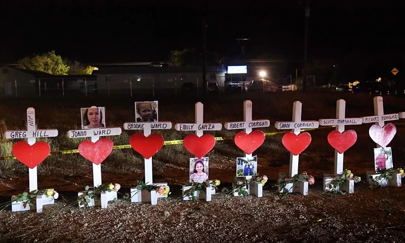 Crosses with the names of victims are seen outside the First Baptist Church which was the scene of the mass shooting that killed 26 people in Sutherland Springs, Texas on November 8, 2017. Willeford shot suspect Devin Patrick Kelley, a gunman wearing all black armed with an assault rifle that opened fire on a small-town Texas church during Sunday morning services, on November 5, killing 26 people and wounding 20 more in the last mass shooting to shock the United States. (Photo credit: MARK RALSTON/AFP via Getty Images)