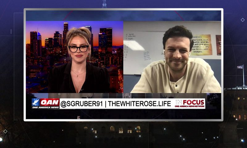 Video still from Seth Gruber's interview with In Focus on One America News Network