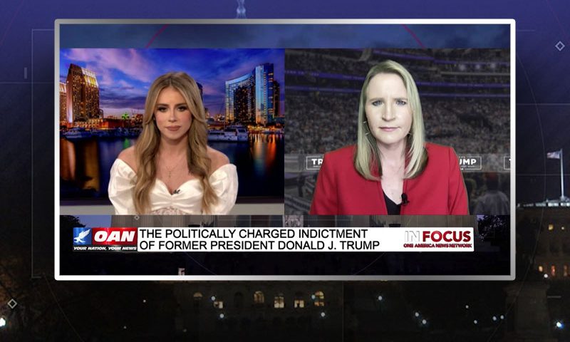 Video still from Liz Harrington's interview with In Focus on One America News Network