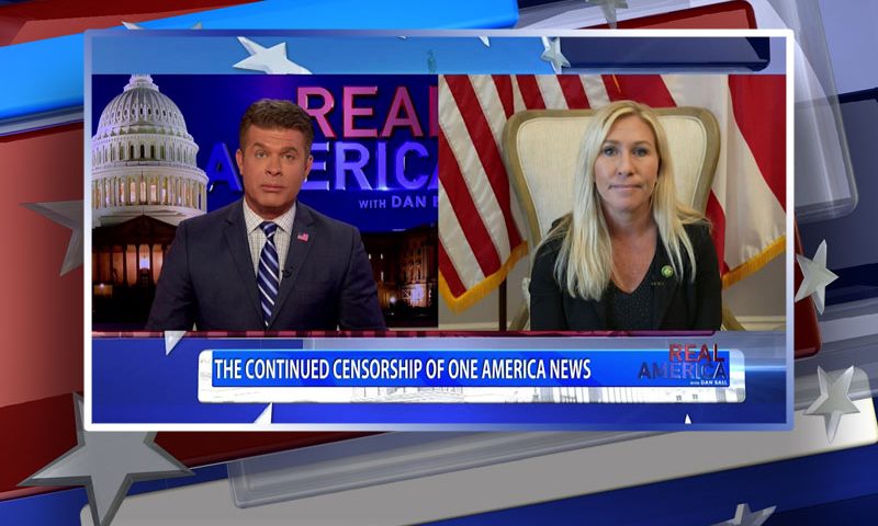 Video still from Marjorie Taylor Greene's interview with Real America on One America News Network