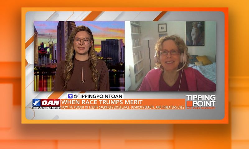 Video still from Heather Mac Donald's interview with Tipping Point on One America News Network