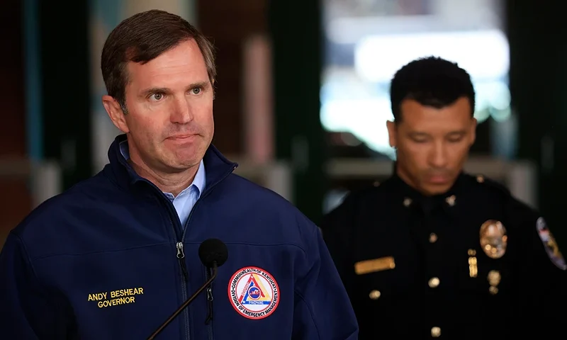 LOUISVILLE, KY - APRIL 10: Andy Beshear, Governor of Kentucky, speaks during a news conference after a gunman opened fire at the Old National Bank building on April 10, 2023 in Louisville, Kentucky. According to reports, there are multiple fatalities and injuries. The shooter died at the scene. (Photo by Luke Sharrett/Getty Images)