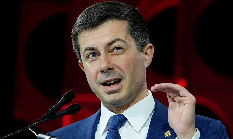 WASHINGTON, DC - JANUARY 20: U.S. Transportation Secretary Pete Buttigieg speaks during the United States Conference of Mayors 91st Winter Meeting January 20, 2023 in Washington, DC. The United States Conference of Mayors is the official non-partisan organization of cities with populations of 30,000 or more. This afternoon President Joe Biden will welcome mayors to the White House. (Photo by Drew Angerer via Getty Images)