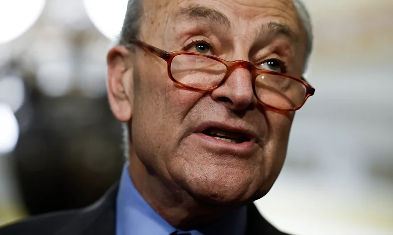 WASHINGTON, DC - APRIL 18: Senate Majority Leader Chuck Schumer (D-NY) speaks during a news conference following the Senate Democrat weekly policy luncheons at the U.S. Capitol Building on April 18, 2023 in Washington, DC. During the news conference Schumer took a range of questions including on the process of temporarily replacing Sen. Dianne Feinstein (D-CA) on the Senate Judiciary Committee. (Photo by Anna Moneymaker/Getty Images)