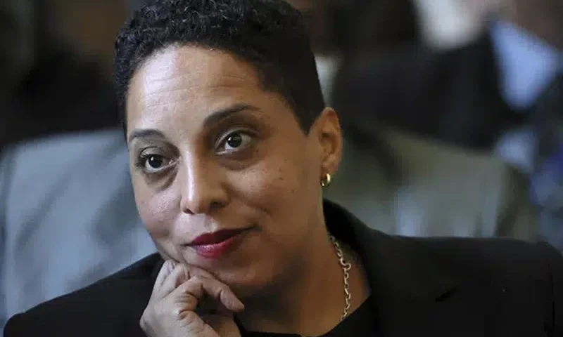 St. Louis Circuit Attorney Kim Gardner sits behind her attorneys in a courtroom, April 18, 2023, in St. Louis during the first hearing of a lawsuit by Missouri Attorney General Andrew Bailey seeking to remove Gardner from office. Gardner announced Thursday, May 4, that she will resign effective June 1 amid calls from Republican leaders for her ouster. (David Carson/St. Louis Post-Dispatch via AP, Pool, File)