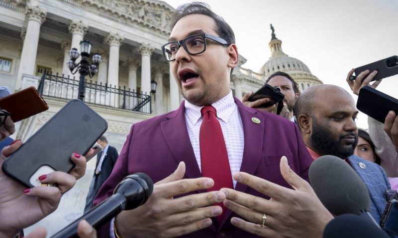 Rep. George Santos, R-N.Y., speaks to reporters outside after an effort to expel him from the House, at the Capitol in Washington, Wednesday, May 17, 2023. The freshman congressman has been charged with embezzling money from his campaign, falsely receiving unemployment funds and lying to Congress about his finances. He has denied the charges and has pleaded not guilty. (AP Photo/J. Scott Applewhite)
