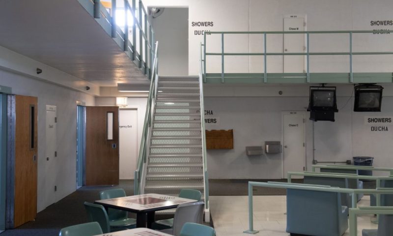 A common area and cell room doors are seen inside the Caroline Detention Facility in Bowling Green, Virginia, on August 13, 2018. - A former regional jail, the facility has been contracted by the US Department of Homeland Security Immigration and Customs Enforcement (ICE) to house undocumented adult immigrant detainees for violations of immigration laws (Photo by SAUL LOEB / AFP) (Photo credit should read SAUL LOEB/AFP via Getty Images)
