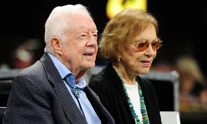 ATLANTA, GA - SEPTEMBER 30: Former president Jimmy Carter and his wife Rosalynn prior to the game between the Atlanta Falcons and the Cincinnati Bengals at Mercedes-Benz Stadium on September 30, 2018 in Atlanta, Georgia. (Photo by Scott Cunningham/Getty Images)