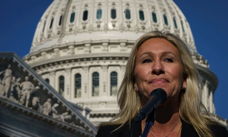 Rep. Marjorie Taylor Greene (R-GA) speaks during a press conference outside the U.S. Capitol on February 5, 2021 in Washington, DC. The House voted 230 to 199 on Friday evening to remove Rep. Marjorie Taylor Greene (R-GA) from committee assignments over her remarks about QAnon and other conspiracy theories. (Photo by Drew Angerer/Getty Images)