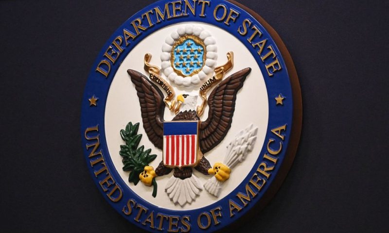 The State Department seal is seen on the briefing room lectern ahead of a briefing by State Department spokesperson Ned Price at the State Department in Washington, DC, on January 31, 2022. (Photo by MANDEL NGAN / POOL / AFP) (Photo by MANDEL NGAN/POOL/AFP via Getty Images)