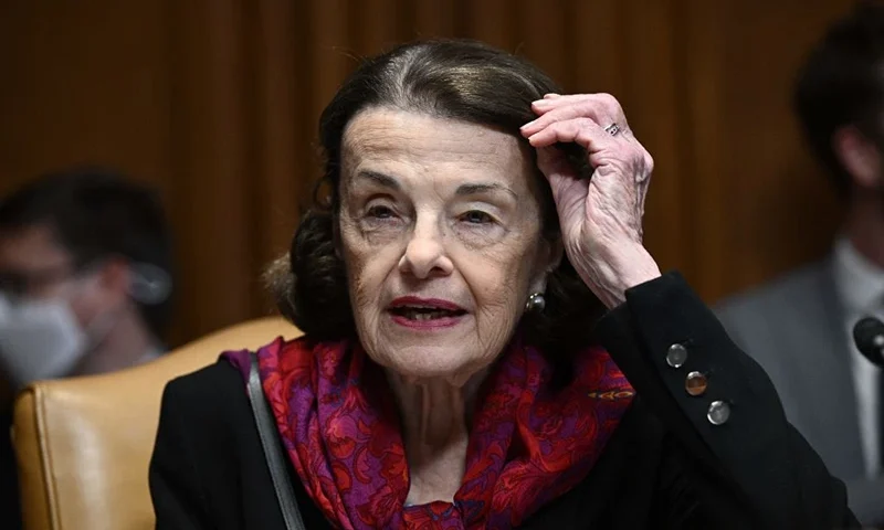 US Senator Dianne Feinstein (D-CA) listens as US Secretary of Commerce Gina Raimondo testifies before the Senate Appropriations subcommittee on Commerce, Justice, Science, and Related Agencies, regarding the 2023 budget request for the Commerce Department, on Capitol Hill in Washington, DC, on May 11, 2022. (Photo by Brendan SMIALOWSKI / AFP) (Photo by BRENDAN SMIALOWSKI/AFP via Getty Images)
