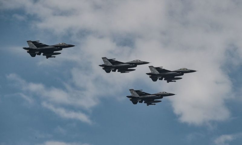 Hellenic Air Force F-16 fly during a military parade in Thessaloniki, on October 28, 2022, during the celebrations marking Greece's National "Oxi" (No) Day, commemorating Greece's refusal to accept the ultimatum advanced by fascist Italy in 1940 during World War II. (Photo by Sakis MITROLIDIS / AFP) (Photo by SAKIS MITROLIDIS/AFP via Getty Images)