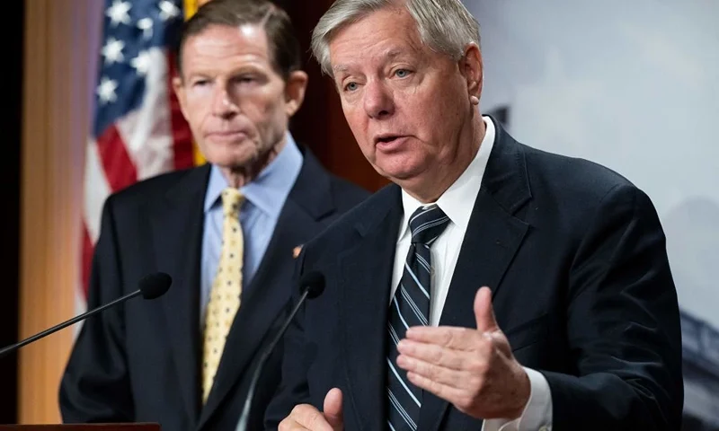 US Senator Lindsey Graham (R), Republican of South Carolina, speaks alongside Senator Richard Blumenthal, Democrat of Connecticut about the Holding Accountable Russian Mercenaries (HARM) Act (Photo by SAUL LOEB/AFP via Getty Images)