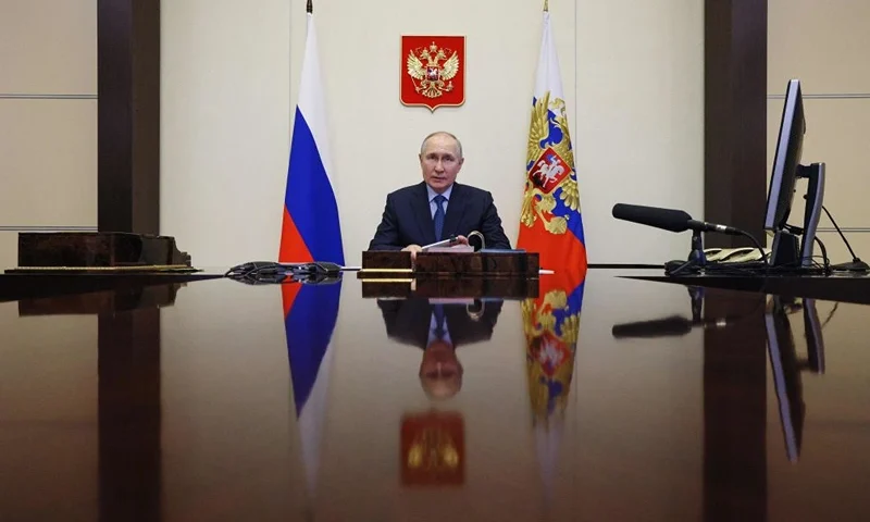 Russian President Vladimir Putin chairs a meeting on the economic issues via a video link at the Novo-Ogaryovo state residence outside Moscow (Photo by GAVRIIL GRIGOROV/Sputnik/AFP via Getty Images)