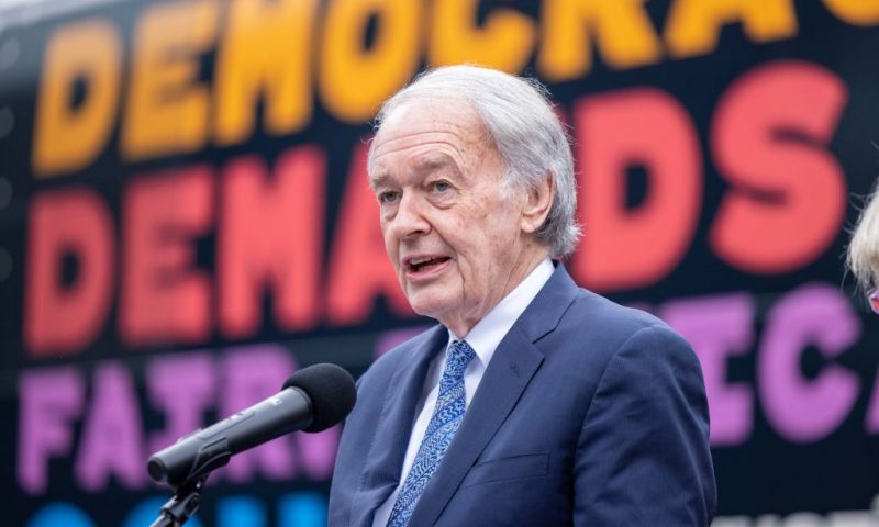 BOSTON, MASSACHUSETTS - APRIL 24: Sen. Ed Markey (D-MA) speaks during the "Just Majority" Supreme Court Accountability Campaign Launch Press Conference in Copley Square on April 24, 2023 in Boston, Massachusetts. (Photo by Scott Eisen/Getty Images for Just Majority)