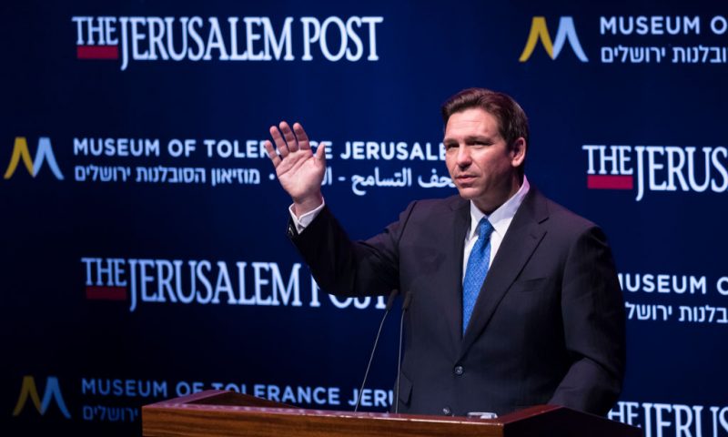 JERUSALEM, ISRAEL - APRIL 27: Florida Gov. Ron DeSantis gives a speech during the Jerusalem Post conference at the Museum of Tolerance on April 27, 2023 in Jerusalem, Israel. Ron DeSantis, the Republican governor of Florida and an anticipated US presidential candidate, has been visiting several countries as part of a trade delegation. (Photo by Amir Levy/Getty Images)