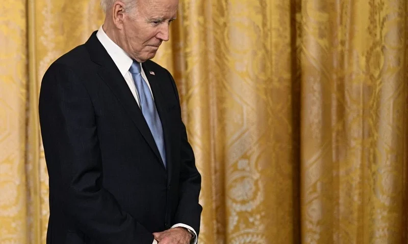 US President Joe Biden hosts a screening of "American Born Chinese" in celebration of Asian American, Native Hawaiian, and Pacific Islander Heritage Month, in the East Room of the White House in Washington, DC, on May 8, 2023. (Photo by Brendan SMIALOWSKI / AFP) (Photo by BRENDAN SMIALOWSKI/AFP via Getty Images)