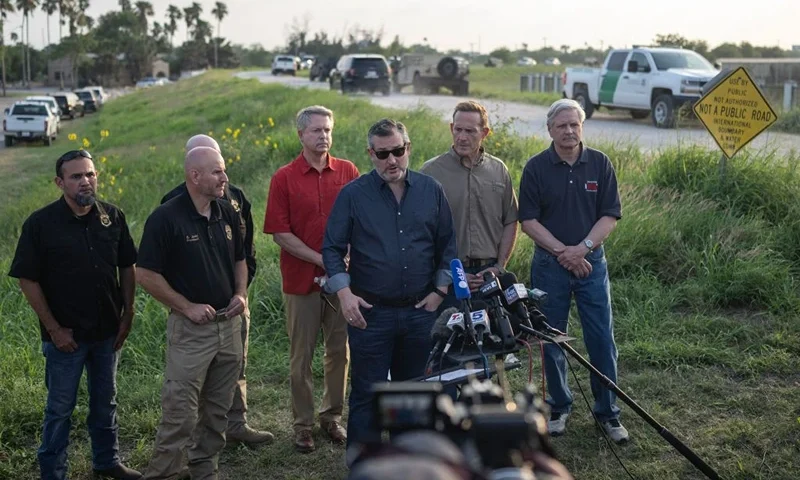 US Senator Ted Cruz (R-TX) (2L) walks to a press conference on the migrant situation on May 11, 2023 in Brownsville, Texas. The US on May 11, 2023, will officially end its 40-month Covid-19 emergency, also discarding the Title 42 law, a tool that has been used to prevent millions of migrants from entering the country. (Photo by ANDREW CABALLERO-REYNOLDS / AFP) (Photo by ANDREW CABALLERO-REYNOLDS/AFP via Getty Images)