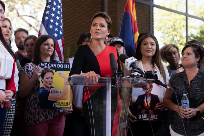 PHOENIX, ARIZONA - MAY 23: Former Arizona Republican candidate for Governor Kari Lake holds a press conference the day after Maricopa County Superior Court Judge Peter A. Thompson dismissed Lake's final election loss claim on May 23, 2023 in Phoenix, Arizona. An Arizona judge dismissed the last lawsuit filed by Republican Kari Lake, confirming Democrat Katie Hobbs as the winner of the 2022 election. (Photo by Rebecca Noble/Getty Images)