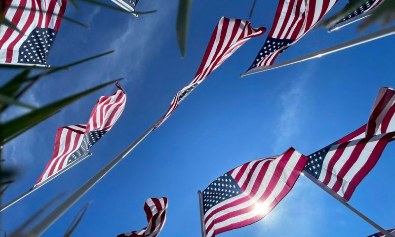 US flags adorn the Memorial Day exhibit near the Eastern Shore Veterans Cemetery in Hurlock, Maryland, on May 27, 2023, ahead of the Memorial Day holiday. (Photo by Jim WATSON / AFP) (Photo by JIM WATSON/AFP via Getty Images)