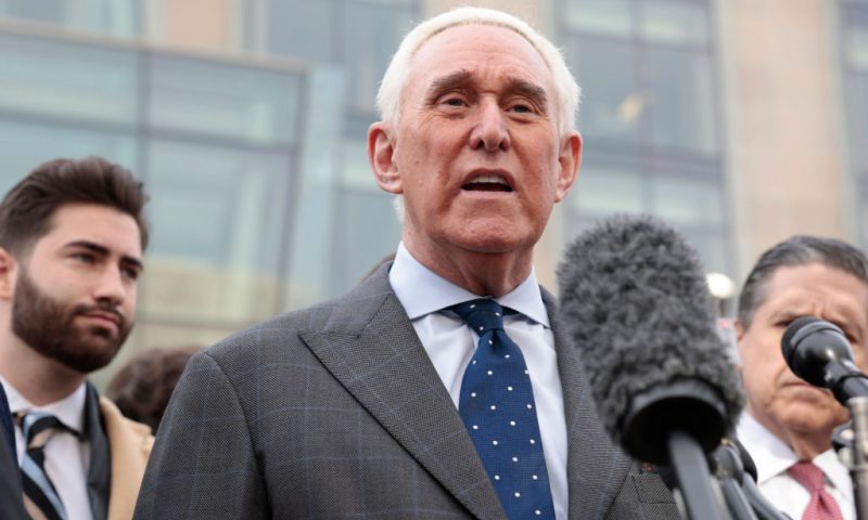 WASHINGTON, DC - DECEMBER 17: Roger Stone, a former adviser and confidante to former U.S. President Donald Trump, addresses reporters in front of the Thomas P. O'Neill Jr. Federal Building after his deposition before the House Select Committee investigating the January 6th Attack on the United States Capitol on December 17, 2021 in Washington, DC. During the deposition, Stone, who was pardoned by President Trump before leaving office, plead the Fifth Amendment when he was questioned. (Photo by Anna Moneymaker/Getty Images)