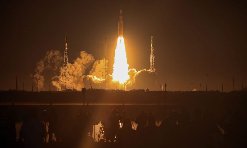 CAPE CANAVERAL, FLORIDA - NOVEMBER 16: NASA’s Artemis I Space Launch System (SLS) rocket, with the Orion capsule attached, launches at NASA's Kennedy Space Center on November 16, 2022 in Cape Canaveral, Florida. The Artemis I mission will send the uncrewed spacecraft around the moon to test the vehicle's propulsion, navigation and power systems as a precursor to later crewed mission to the lunar surface. (Photo by Kevin Dietsch/Getty Images)
