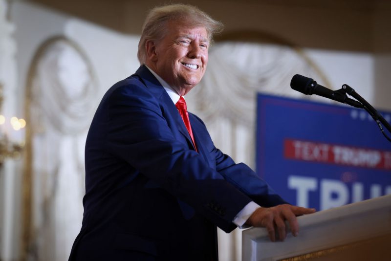 WEST PALM BEACH, FLORIDA - APRIL 04: Former U.S. President Donald Trump speaks during an event at Mar-a-Lago April 4, 2023 in West Palm Beach, Florida. Trump pleaded not guilty in a Manhattan courtroom today to 34 counts related to money paid to adult film star Stormy Daniels in 2016, the first criminal charges for any former U.S. president. (Photo by Joe Raedle/Getty Images)