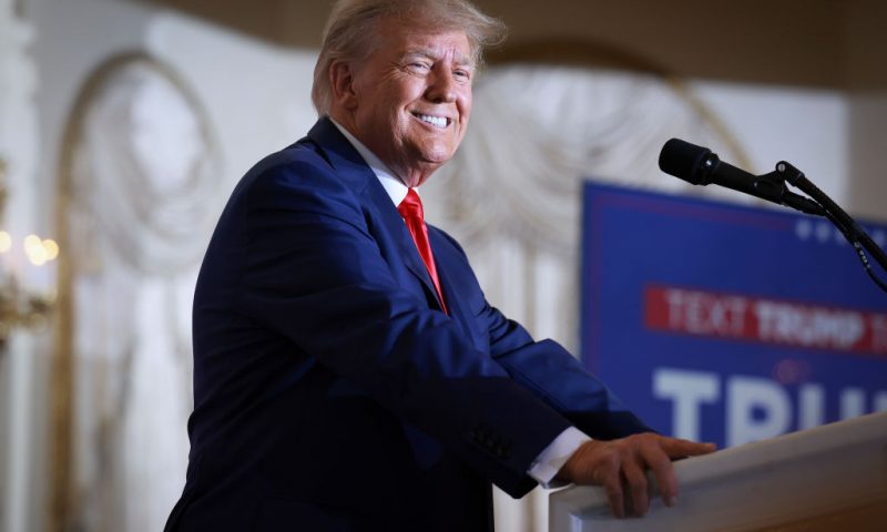 WEST PALM BEACH, FLORIDA - APRIL 04: Former U.S. President Donald Trump speaks during an event at Mar-a-Lago April 4, 2023 in West Palm Beach, Florida. Trump pleaded not guilty in a Manhattan courtroom today to 34 counts related to money paid to adult film star Stormy Daniels in 2016, the first criminal charges for any former U.S. president. (Photo by Joe Raedle/Getty Images)