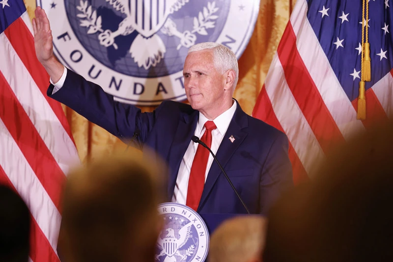 Former U.S. Vice President Mike Pence waves after delivering closing remarks at the Nixon National Energy Conference at the Richard Nixon Presidential Library and Museum on April 19, 2023 in Yorba Linda, California. (Photo by Mario Tama/Getty Images)
