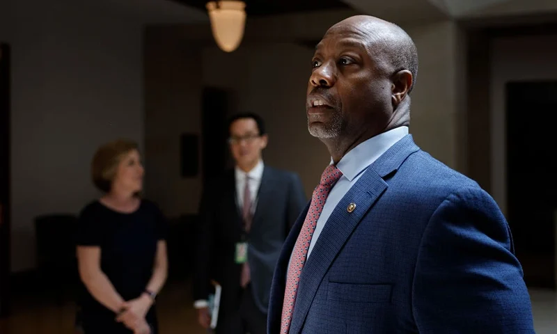 Sen. Tim Scott (R-SC) arrives for a closed-door briefing by intelligence officials about the Discord leaks at the U.S. Capitol Visitors Center on April 19, 2023 in Washington, DC. Jack Teixeira, a 21-year-old airman in the Massachusetts Air National Guard, was arrested and charged with espionage after sharing classified military documents with a gaming group he belonged to on the internet social app Discord. (Photo by Chip Somodevilla/Getty Images)
