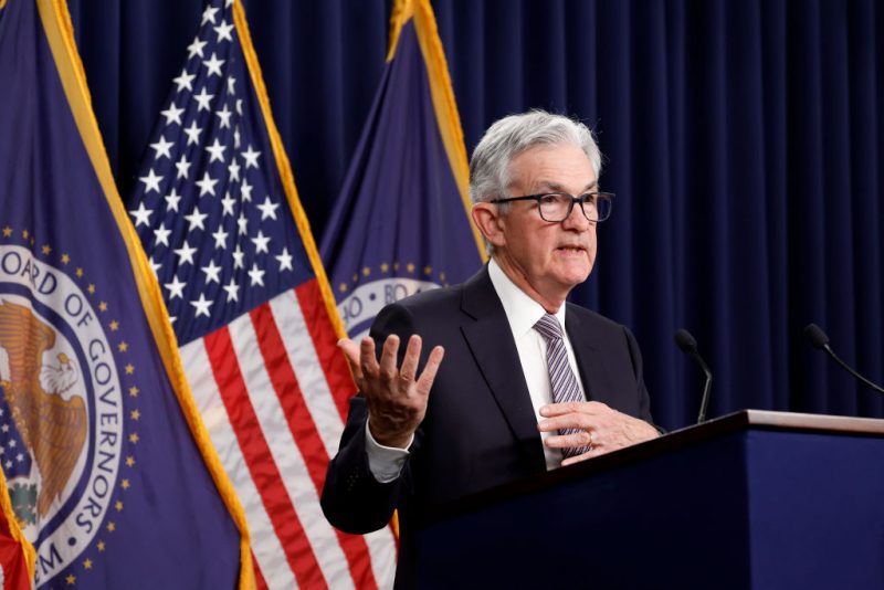 Federal Reserve Board Chairman Jerome Powell delivers remarks at a news conference following a Federal Open Market Committee meeting on May 3, 2023 in Washington, DC. The Federal Reserve announced a 0.25 percentage point interest rate increase bringing the key federal funds rate to more than 5%, a 16-year high. (Photo by Anna Moneymaker/Getty Images) (Photo by Anna Moneymaker/Getty Images)