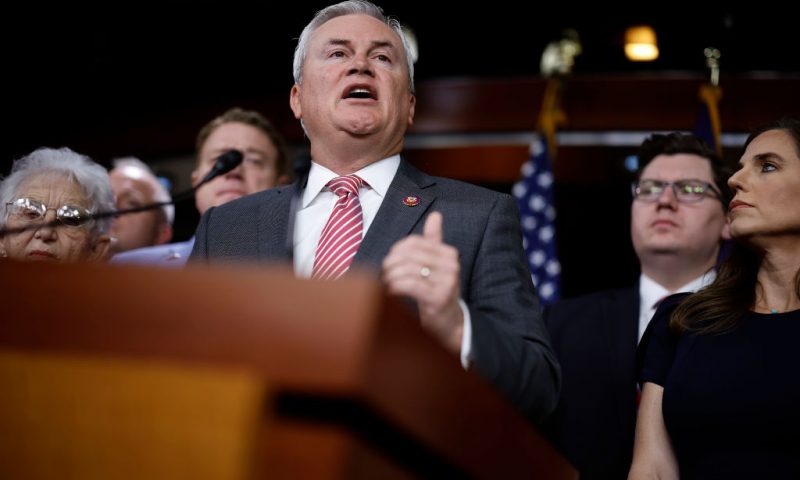 WASHINGTON, DC - MAY 10: House Oversight and Accountability Committee Chairman James Comer (R-KY) and other Republican members of the committee hold a news conference to present preliminary findings into their investigation into President Joe Biden's family on May 10, 2023 in Washington, DC. The committee presented bank records they claim are examples of influence peddling by members of the Biden family. Committee member Rep. Nancy Mace (R-SC) said that the Department of Justice "needs to get off its ass" and investigate the Biden family. (Photo by Chip Somodevilla/Getty Images)