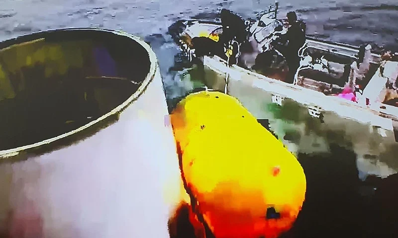 EOCHEONG-DO ISLAND, SOUTH KOREA - MAY 31: In this handout image released by the South Korean Defense Ministry, The object salvaged by South Korea's military that is presumed to be part of the North Korean space-launch vehicle that crashed into sea following a launch failure in waters off on May 31, 2023 in Eocheongdo Island South Korea. North Korea fired what it claims to be a "space launch vehicle" southward Wednesday, but it fell into the Yellow Sea after an "abnormal" flight, the South Korean military said, in a botched launch that defied international criticism and warnings. (Photo by South Korean Defense Ministry via Getty Images)