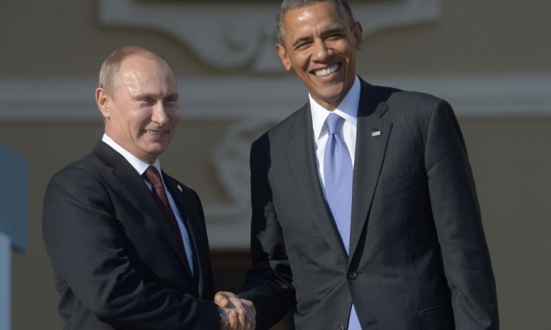 SAINT PETERSBURG - SEPTEMBER 05: In this handout image provided by Host Photo Agency, Russian President Vladimir Putin (L) greets US President Barack Obama during an official welcome of G20 heads of state and government, heads of invited states and international organizations at the G20 summit on September 5, 2013 in St. Petersburg, Russia. The G20 summit is expected to be dominated by the issue of military action in Syria while issues surrounding the global economy, including tax avoidance by multinationals, will also be discussed during the two-day summit. (Photo by Guneev Sergey/Host Photo Agency via Getty Images)
