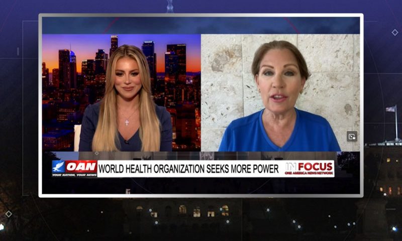 Video still from Michelle Bachmann's interview with In Focus on One America News Network