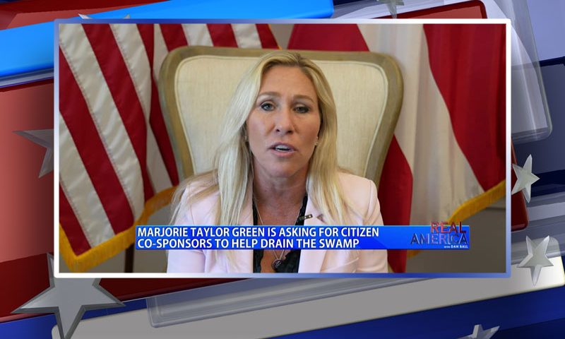 Video still from Marjorie Taylor Greene's interview with Real America on One America News Network