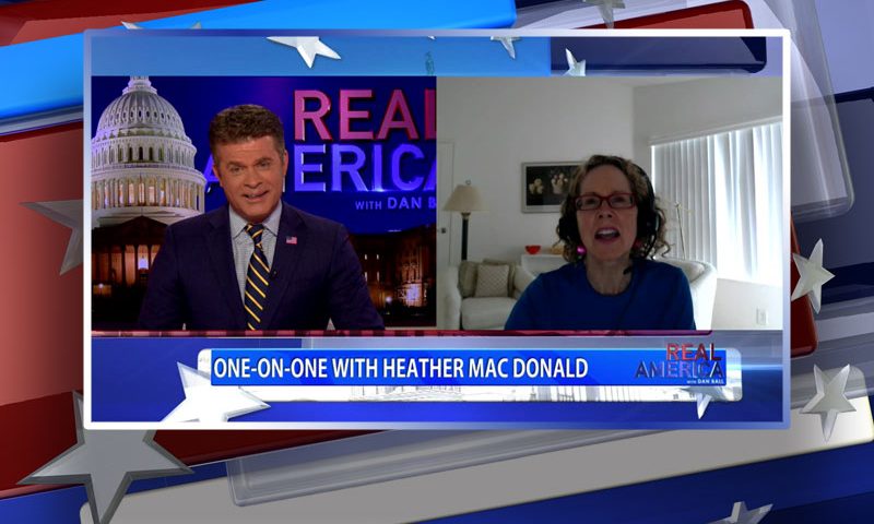 Video still from Heather Mac Donald's interview with Real America on One America News Network