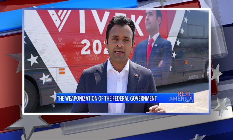 Video still from Vivek Ramaswamy's interview with Real America on One America News Network