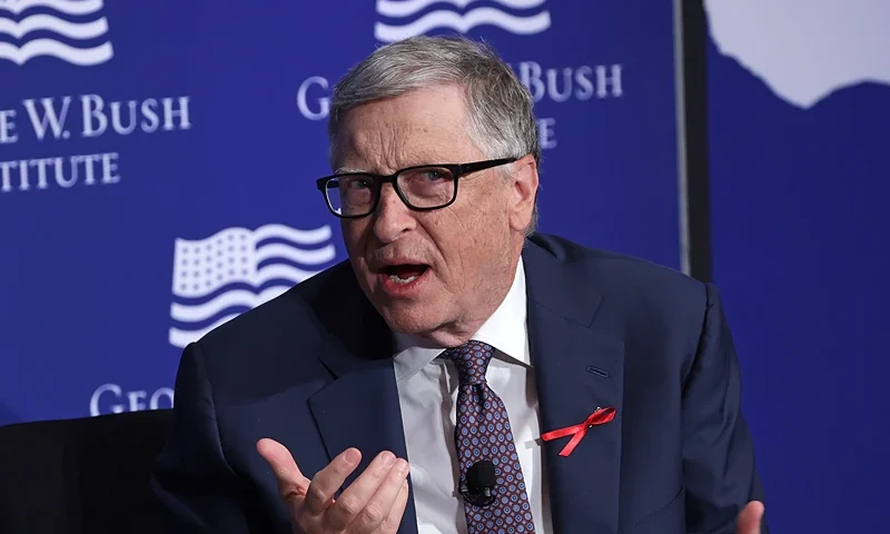 WASHINGTON, DC - FEBRUARY 24: Co-founder of Microsoft Bill Gates speaks during an event to mark the 20th anniversary of PEPFAR (President's Emergency Plan for AIDS Relief) at the United States Institute of Peace on February 24, 2023 in Washington, DC. The George W. Bush Institute hosted the event to mark the anniversary of the initiative, established by former U.S. president George W. Bush in 2003, to combat the global HIV/AIDS epidemic. (Photo by Alex Wong/Getty Images)