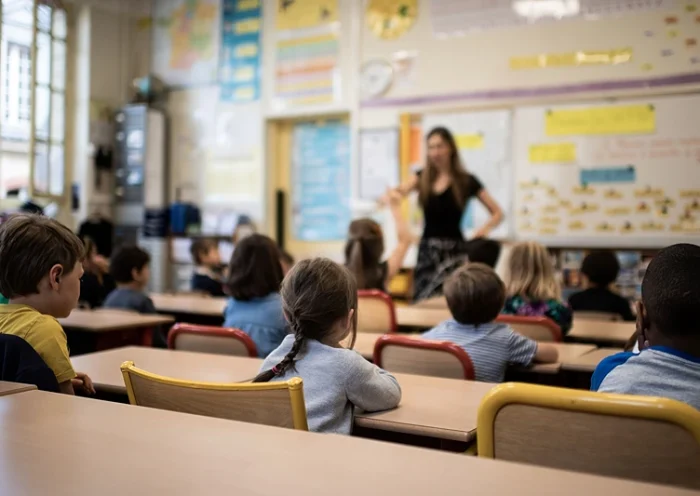 TOPSHOT - Children listen to their teacher as they sit in a classroom on the first day of the start of the school year, at the Chaptal elementary school in Paris, on September 2, 2019. - In France some 12.4 million students crossed the doors of elementary schools (6.7 million), secondary school (3.4 million) and high schools (2.3 million) on September 2, 2019. (Photo by Martin BUREAU / AFP) (Photo credit should read MARTIN BUREAU/AFP via Getty Images)