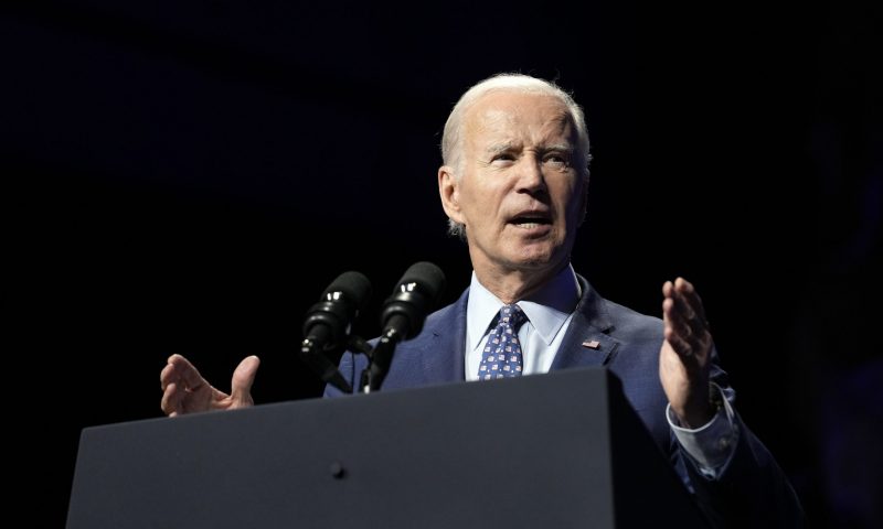 President Joe Biden speaks at the League of Conservation Voters annual capital dinner in Washington, Wednesday, June 14, 2023. (AP Photo/Susan Walsh)